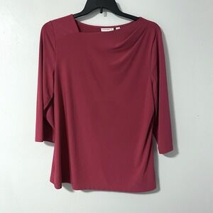 Susan Graver Top Blouse Pink Liquid Knit Pleated Shoulder Asymmetrical Neck‎ L